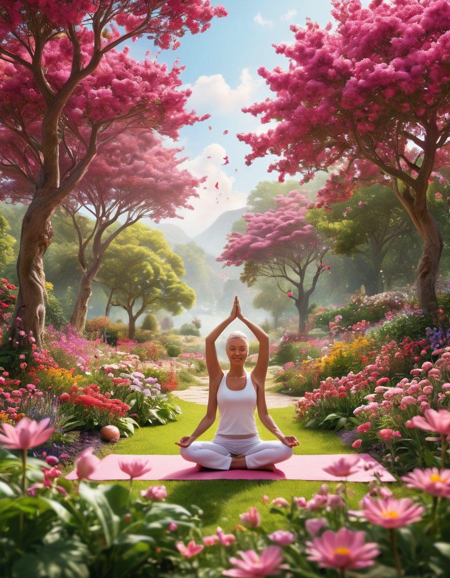 A serene landscape representing wellness, featuring a diverse group of people engaging in various healthy activities like yoga, gardening, and cooking fresh meals, surrounded by vibrant flowers and trees. Include symbols of cancer awareness like pink ribbons subtly integrated into the scene. The atmosphere should feel uplifting and empowering, radiating positivity and hope. super-realistic. vibrant colors. white background.