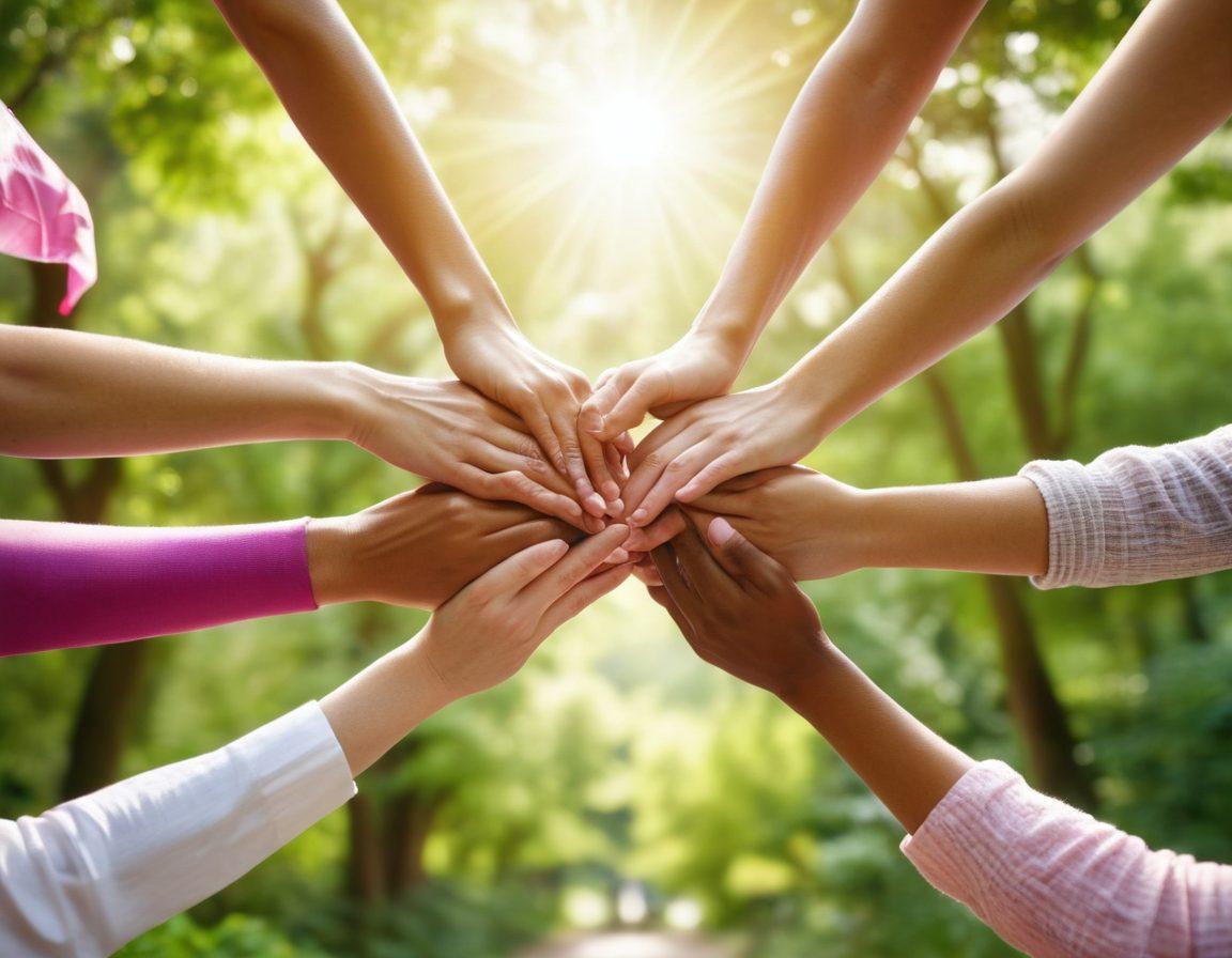 A diverse group of cancer survivors, smiling and engaging in a supportive circle outdoors, surrounded by lush green nature, holding hands and exuding positivity. Include empowering symbols like a ribbon and wellness resources in their hands, with a soft sunlight filtering through the trees, symbolizing hope and healing. super-realistic. vibrant colors. soft focus.