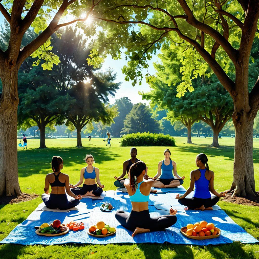 An inspiring scene showcasing a diverse group of individuals engaging in various fitness activities like yoga and jogging in a sunlit park. Fresh fruits and vegetables are artistically arranged on a picnic blanket nearby, symbolizing nutrition. The atmosphere radiates positivity and health, with green trees and a clear blue sky in the background. Include motivational quotes subtly integrated into the scene. super-realistic. vibrant colors. natural lighting.